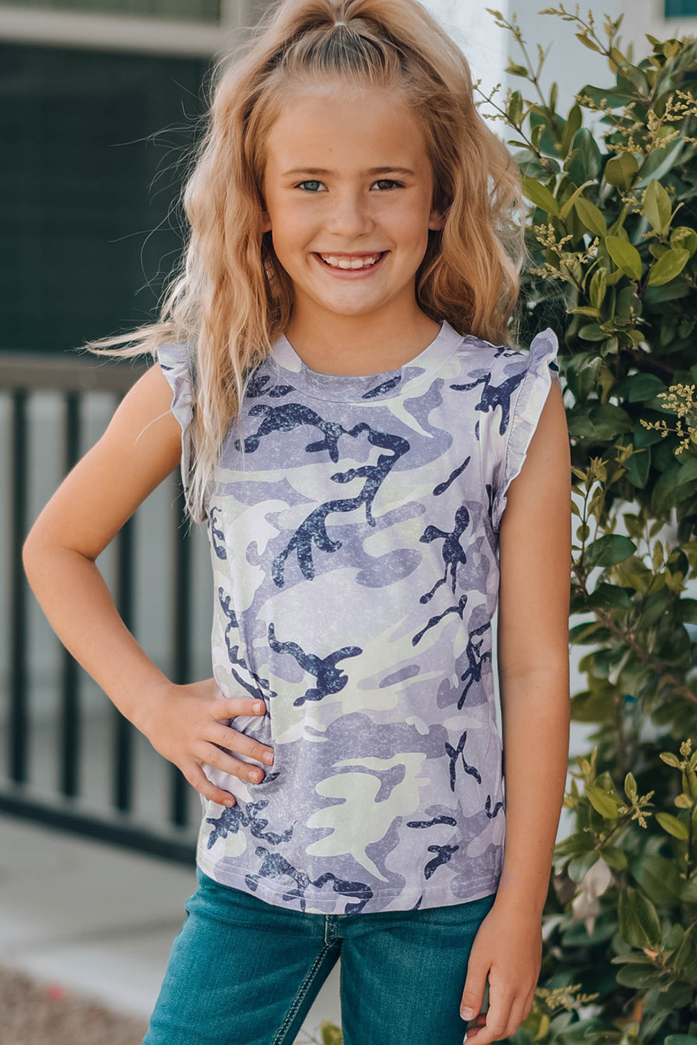 Gray Camo Print Flounced Armholes Little Girls' Tank