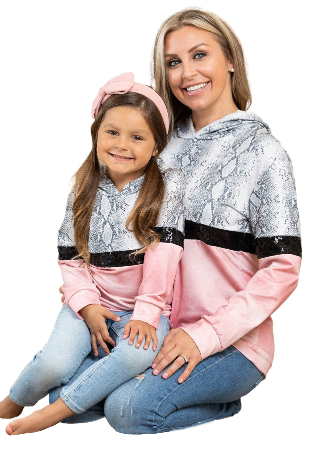 Mommy & Me Snakeskin Sequin Splicing Girl's Hoodie