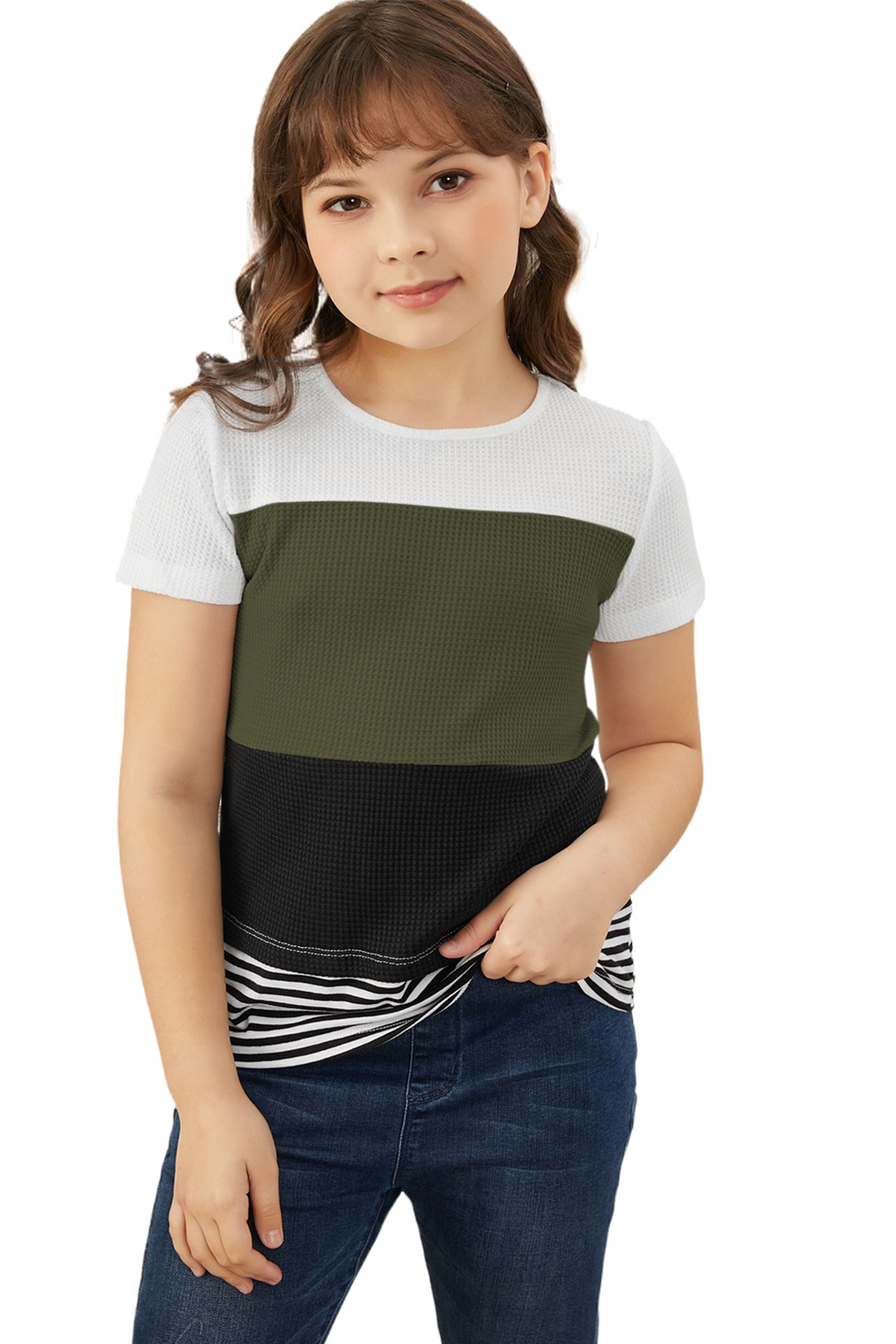 Green Parent-Child Colorblock Striped Girls' T-Shirt