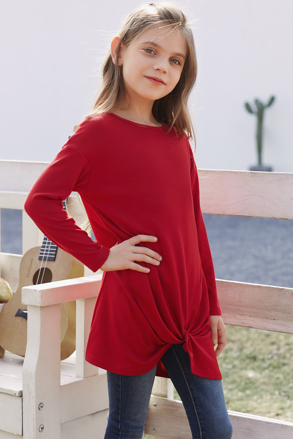 Red Twist Knot Detail Long Sleeve Girl’s Top