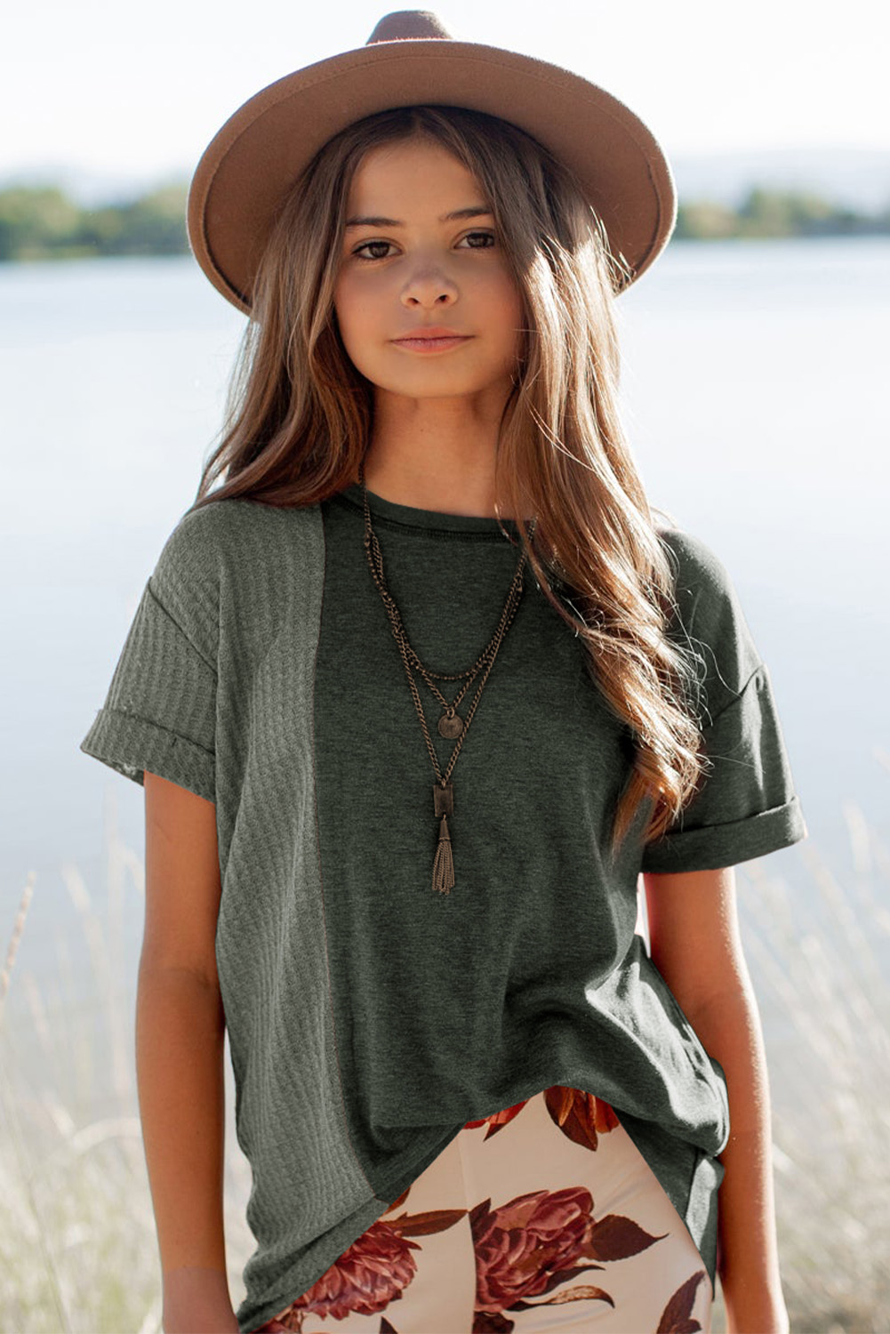 Green Girls Patchwork Short Sleeve Waffle Knit Top