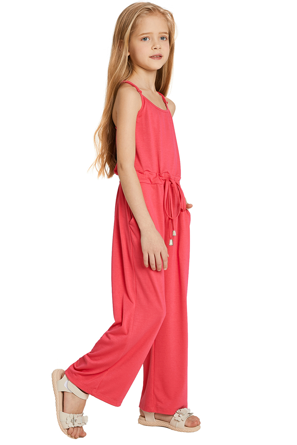 Red Spaghetti Strap Wide Leg Girls Jumpsuit