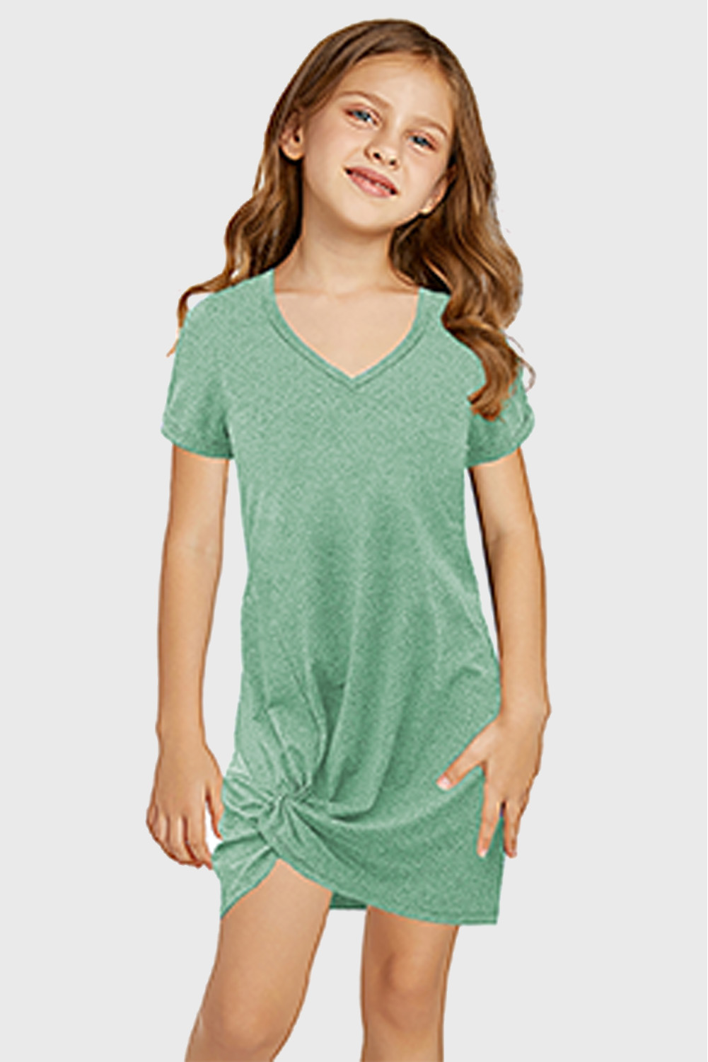 Green Little Girls' V Neck T-Shirt Mini Dress With Twist Hem