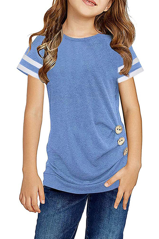 Sky Blue Striped Sleeves Little Girl Tee With Buttoned Side