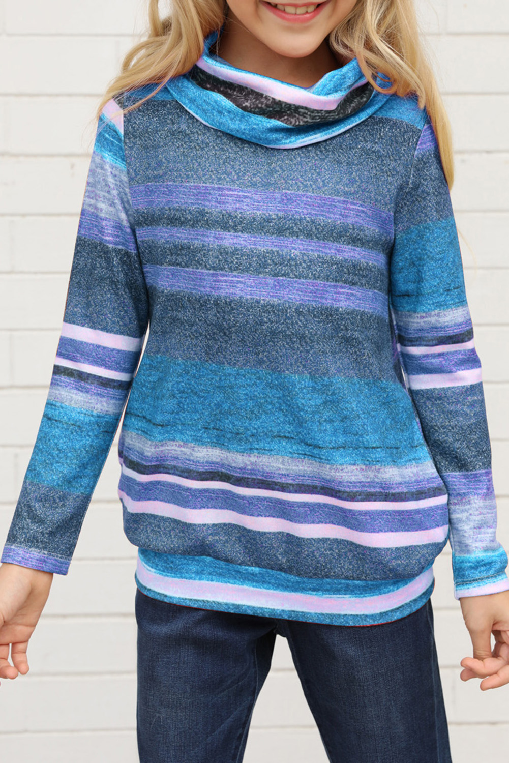 Sky Blue Cowl Neck Girl's Striped Sweatshirt