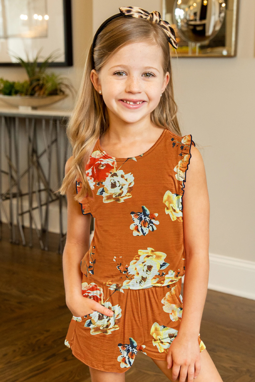 Orange Floral Print Ruffled Sleeveless Girls Romper