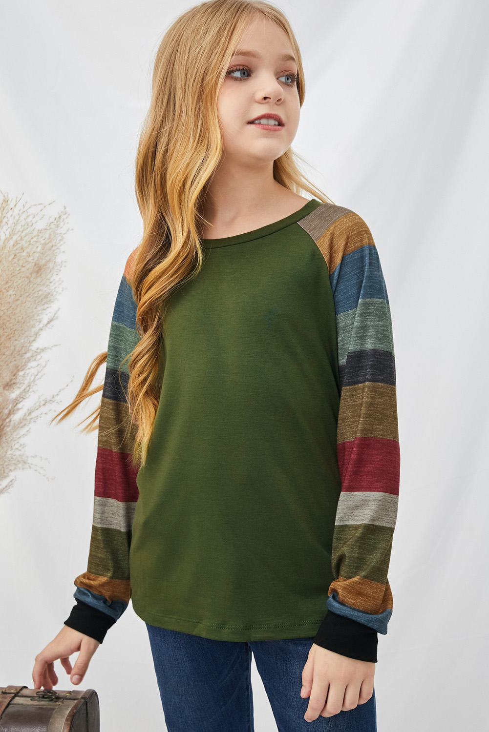 Green Striped Color Block Girl's Long Sleeve Top