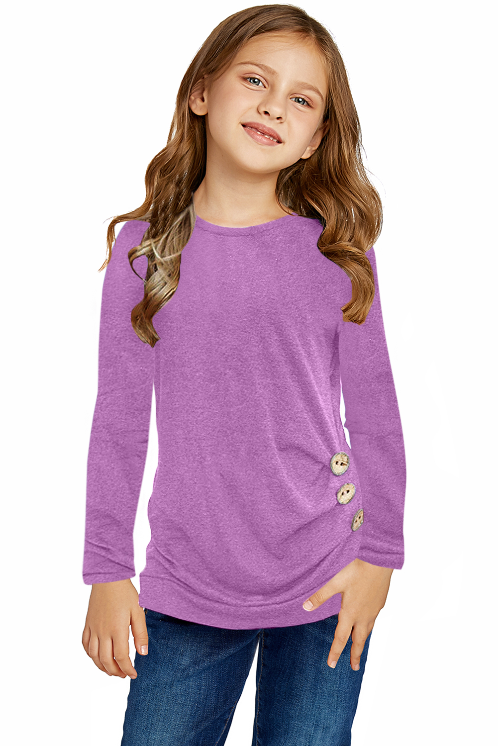 Purple Little Girls Long Sleeve Buttoned Side Top