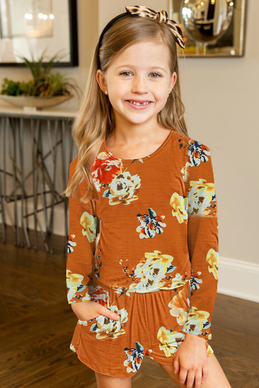 Orange Little Girls' Floral Long Sleeve Romper