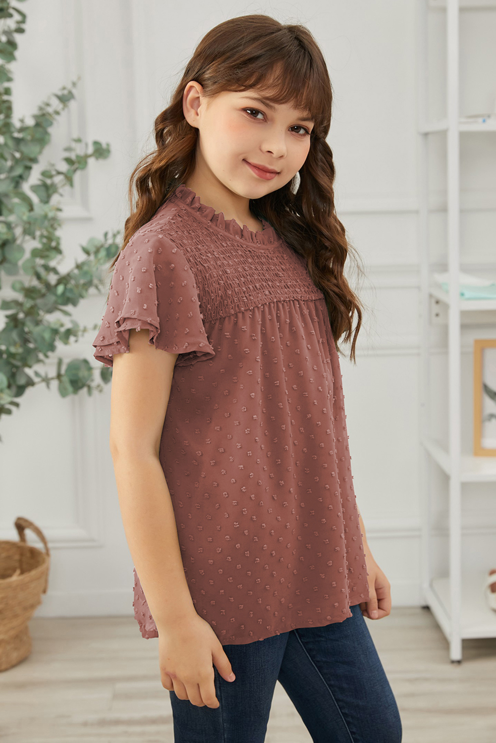 Little Girl Swiss Dot Ruffle Sleeves Top