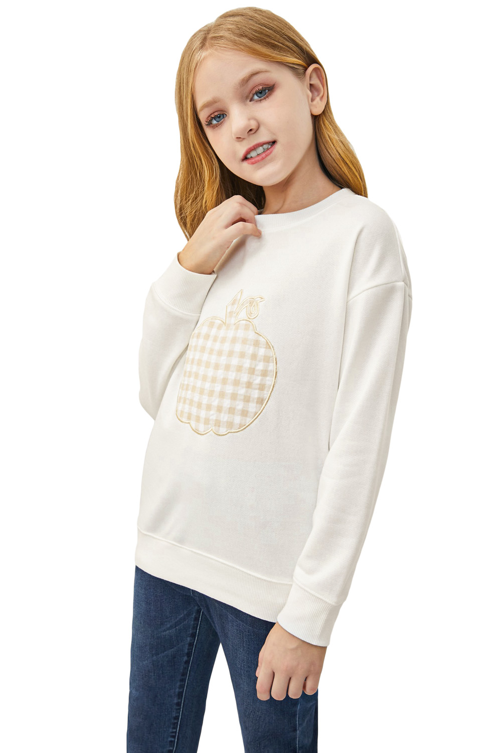 White Plaid Pumpkin Print Girls Pullover Sweatshirt