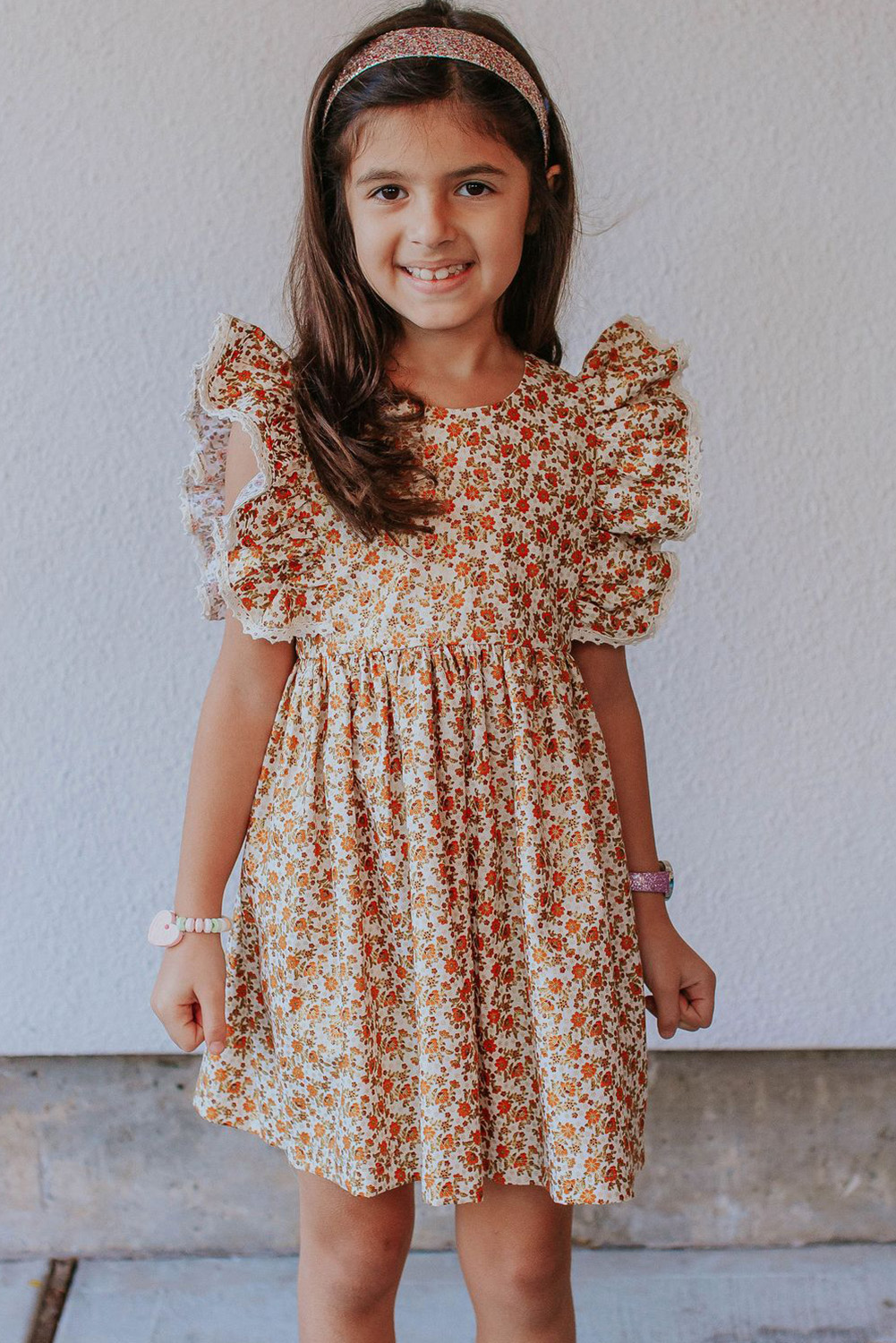 Orange Little Girls Floral Print Ruffled Sleeve Dress