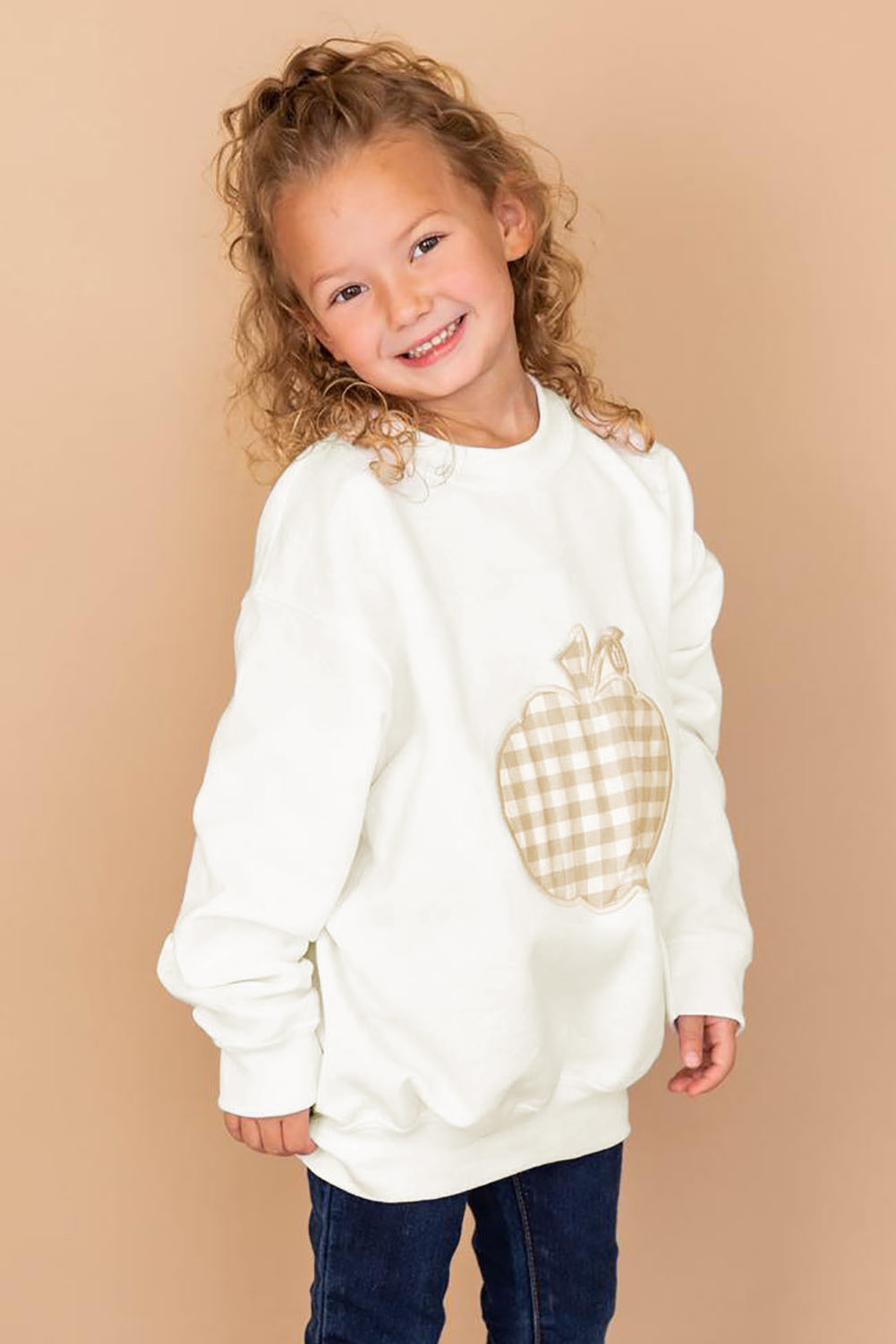 White Plaid Pumpkin Print Girls Pullover Sweatshirt