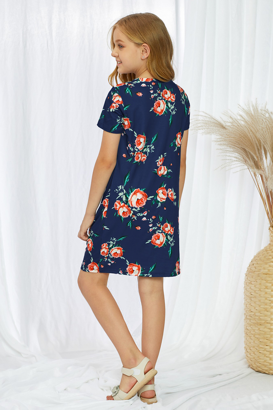 Blue Floral Print Twist Knot V Neck Girl's Mini Dress