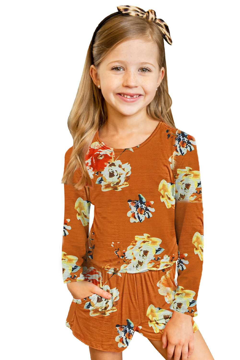 Orange Little Girls' Floral Long Sleeve Romper