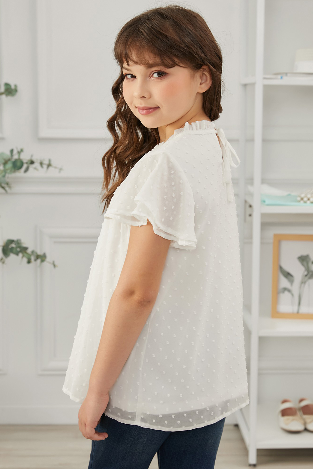 White Little Girl Swiss Dot Ruffle Sleeves Top