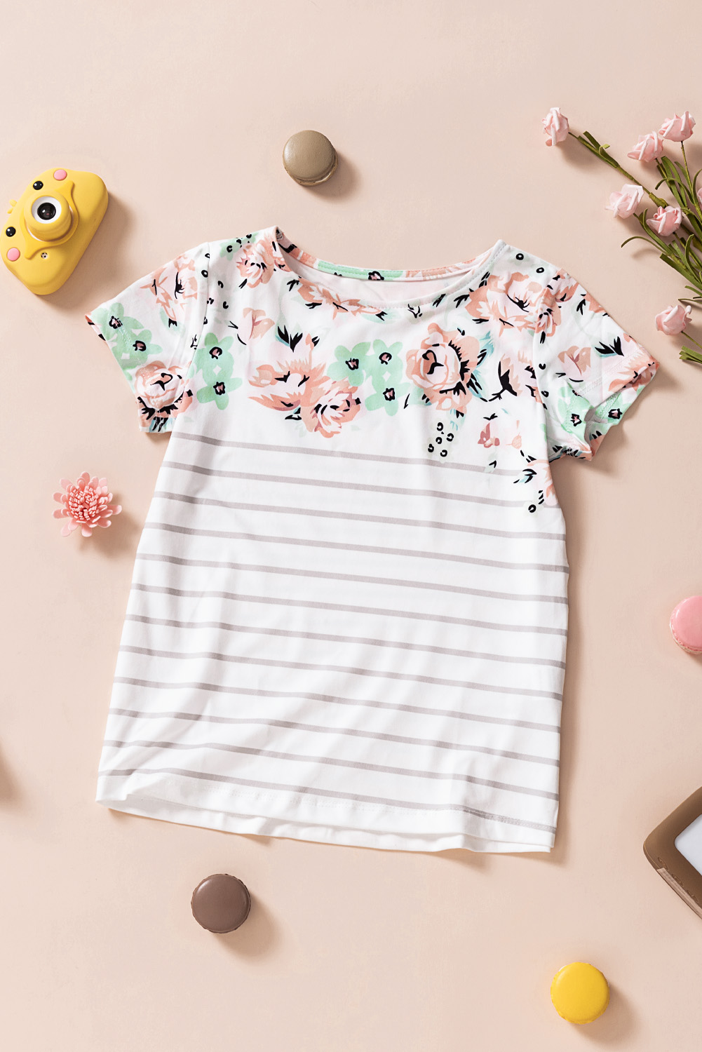 White Round Neck Floral Striped Print Kid's Tee