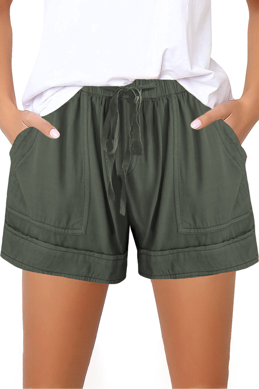 Green Elastic Waist Drawstring Girl's Shorts With Pockets