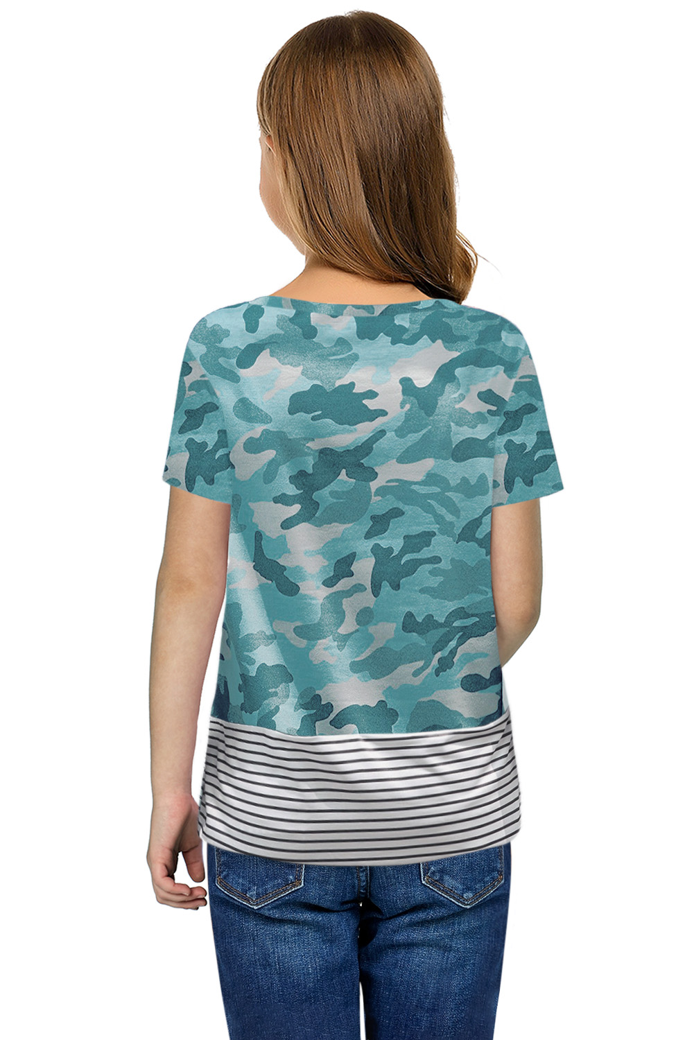 Green Camo Print Splicing Stripes Girls' T-Shirt