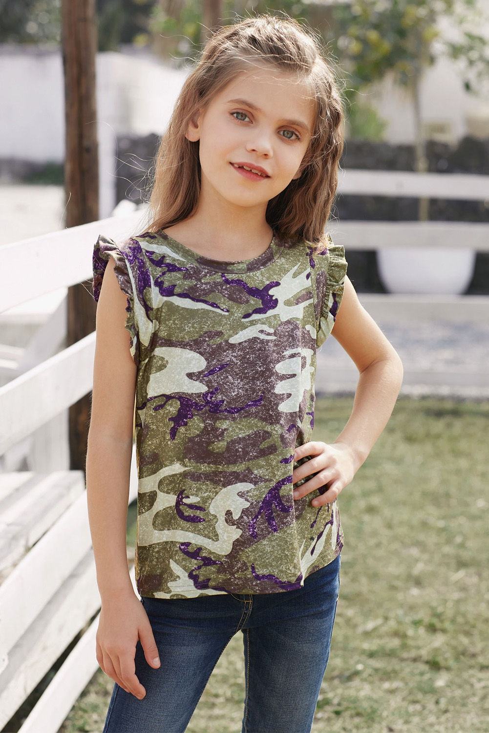 Green Camo Print Flounced Armholes Little Girls’ Tank