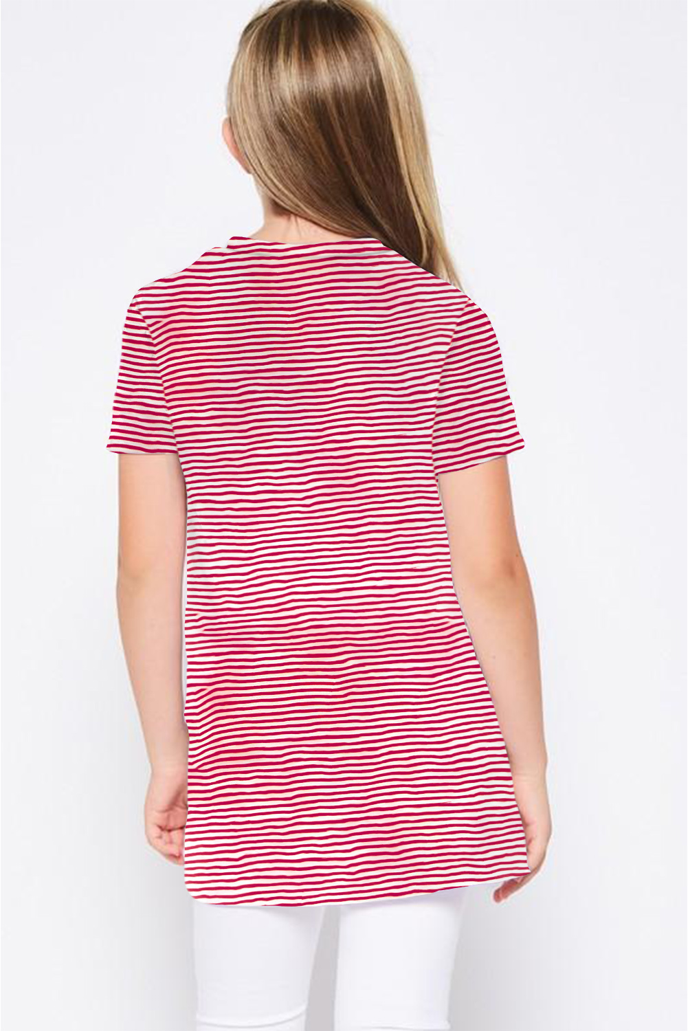 Red Short Sleeve Front Twist Striped Girl's Top