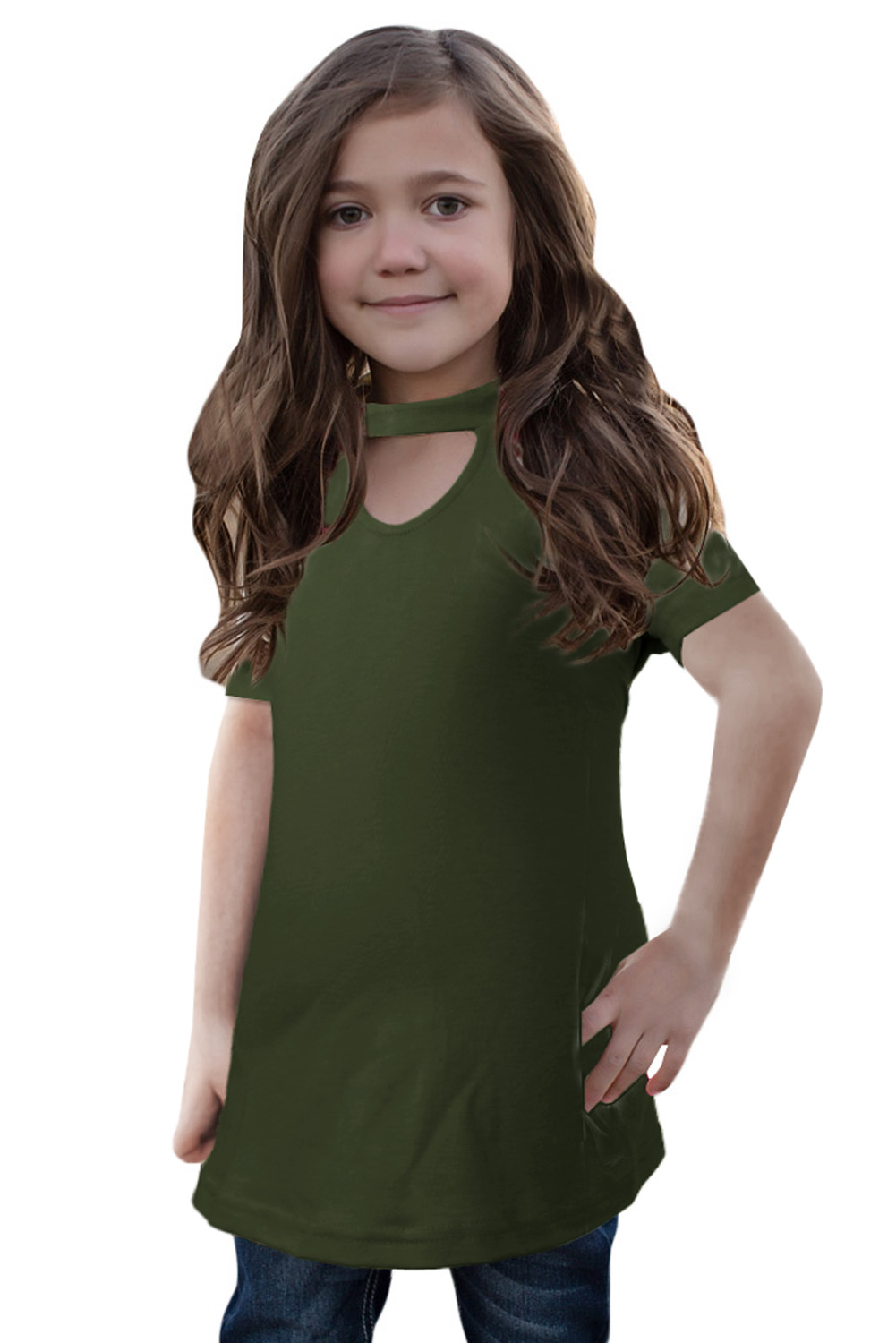 Green Keyhole Girl’s Short Sleeves Top