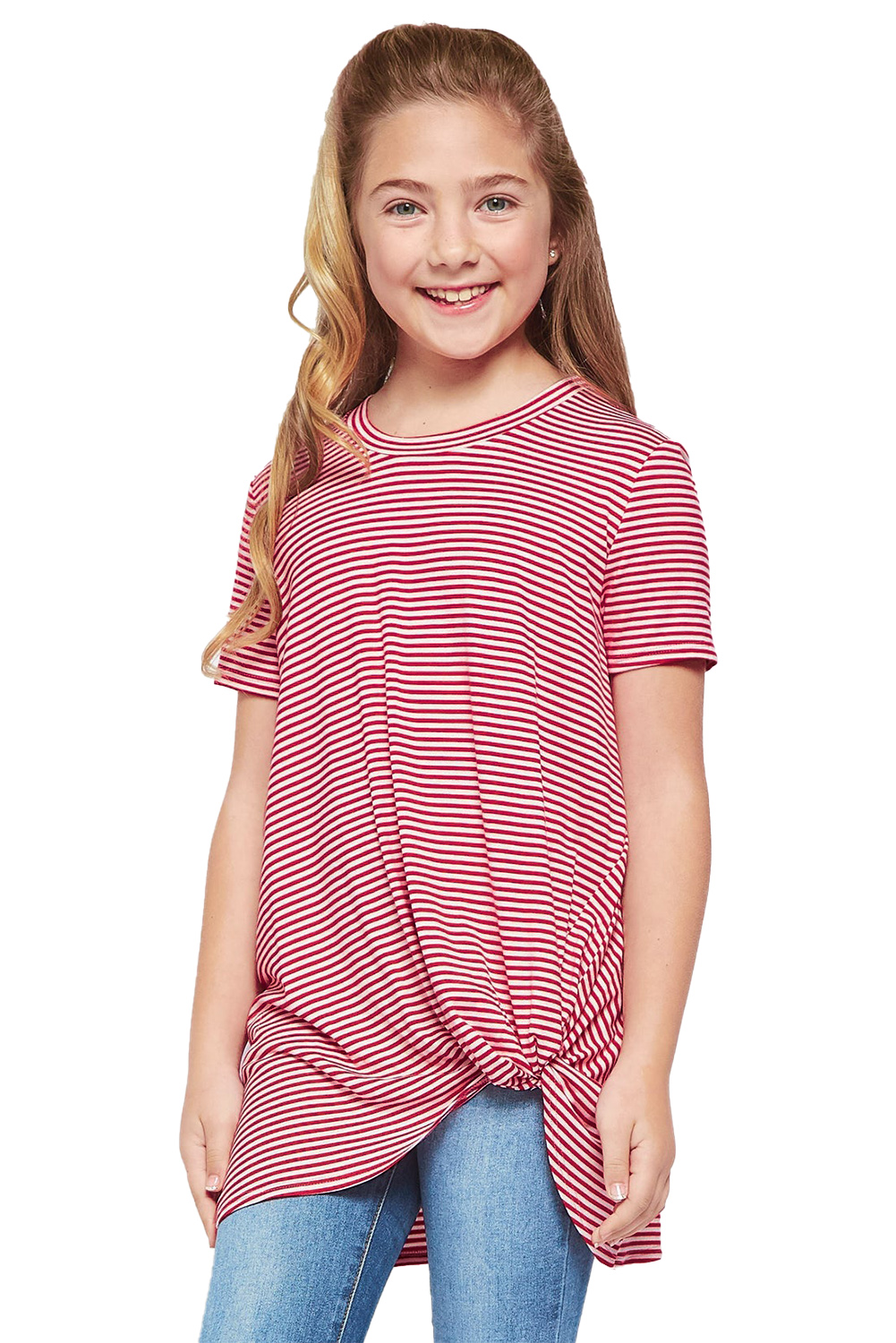 Red Short Sleeve Front Twist Striped Girl's Top