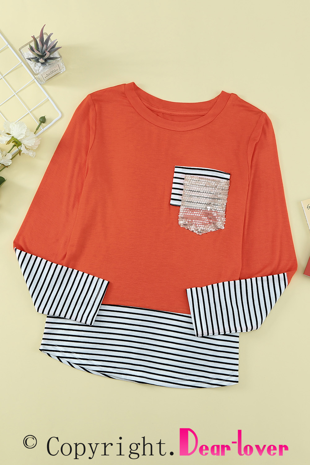 Stripe Patchwork Sequin Pocket Long Sleeve Girl's Top