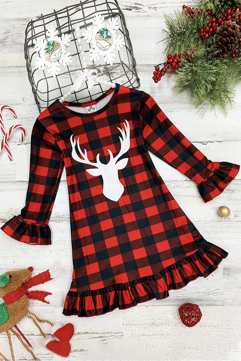 Girls Plaid Reindeer Graphic Ruffled Dress