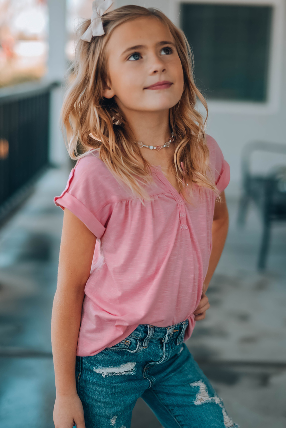 Pink Roll Up Short Sleeve Girls' Top With Buttons