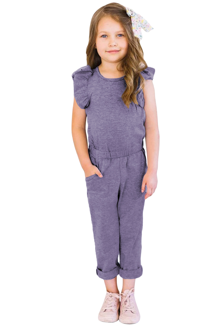 Purple Little Girls Ruffled Shoulder Keyhole Back Jumpsuit With Pockets