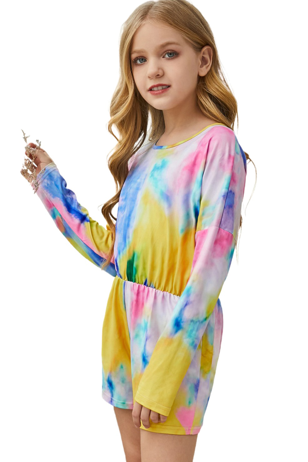 Yellow Long Sleeve Elastic Waist Tie-Dye Girl's Romper