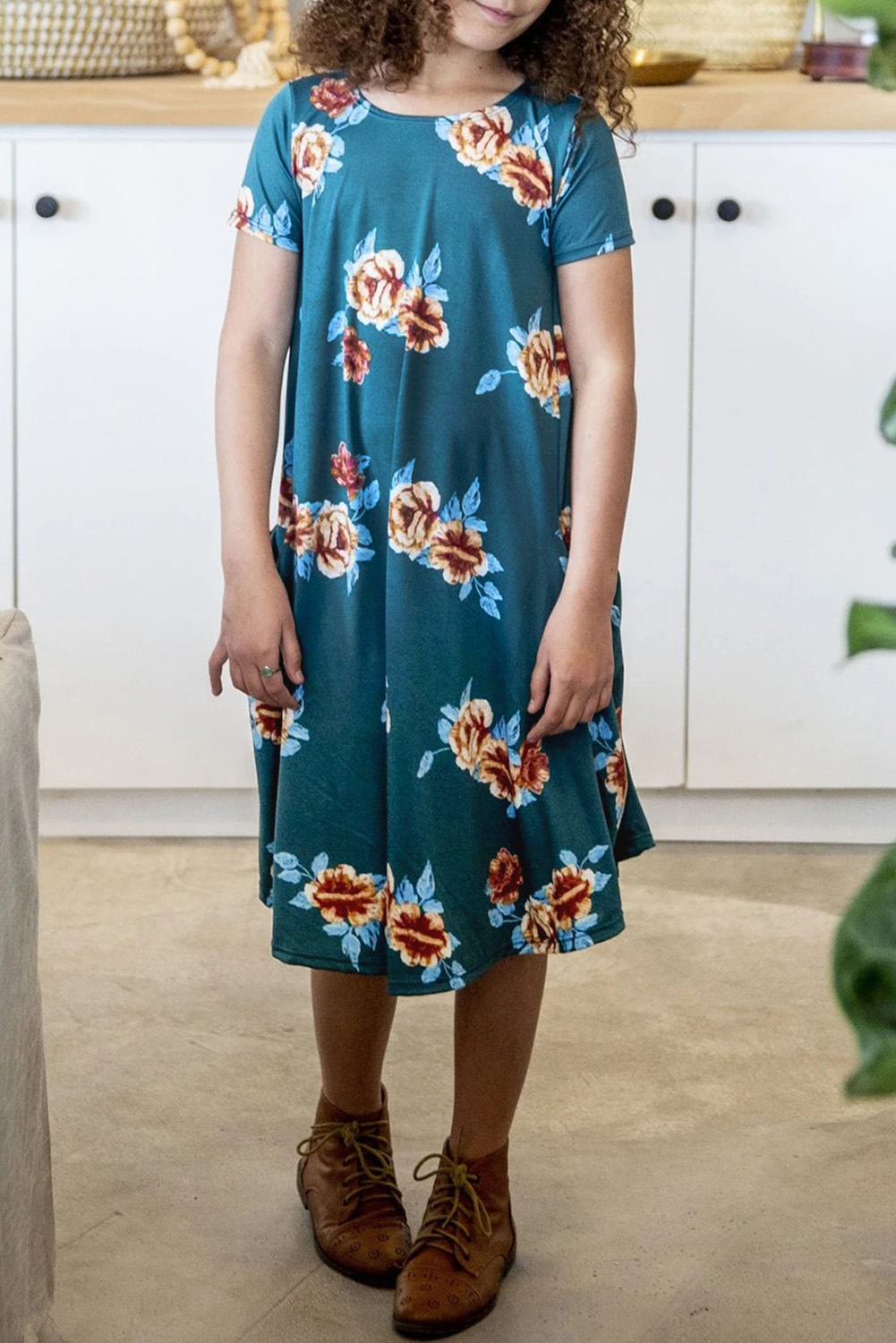 Green Floral Girls T-Shirt Midi Dress