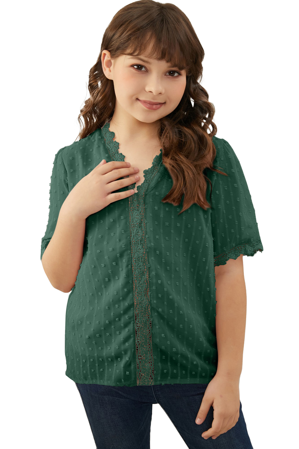 Green Swiss Dot Lace Short Sleeve Girls Top