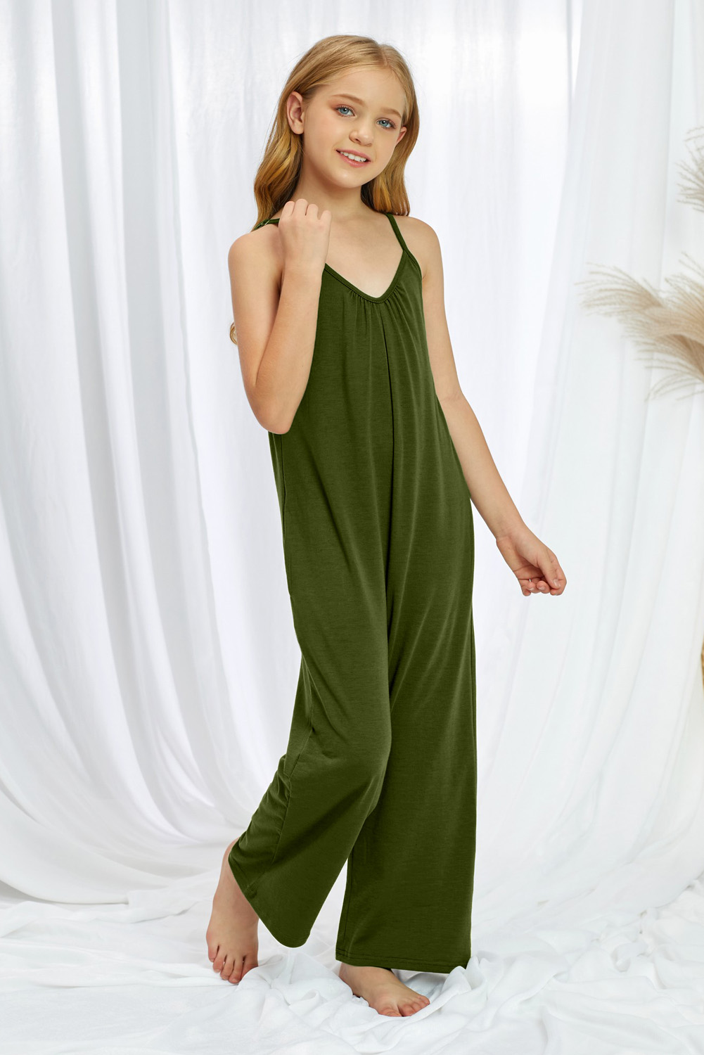 Green Spaghetti Strap Wide Leg Girl's Jumpsuit With Pocket