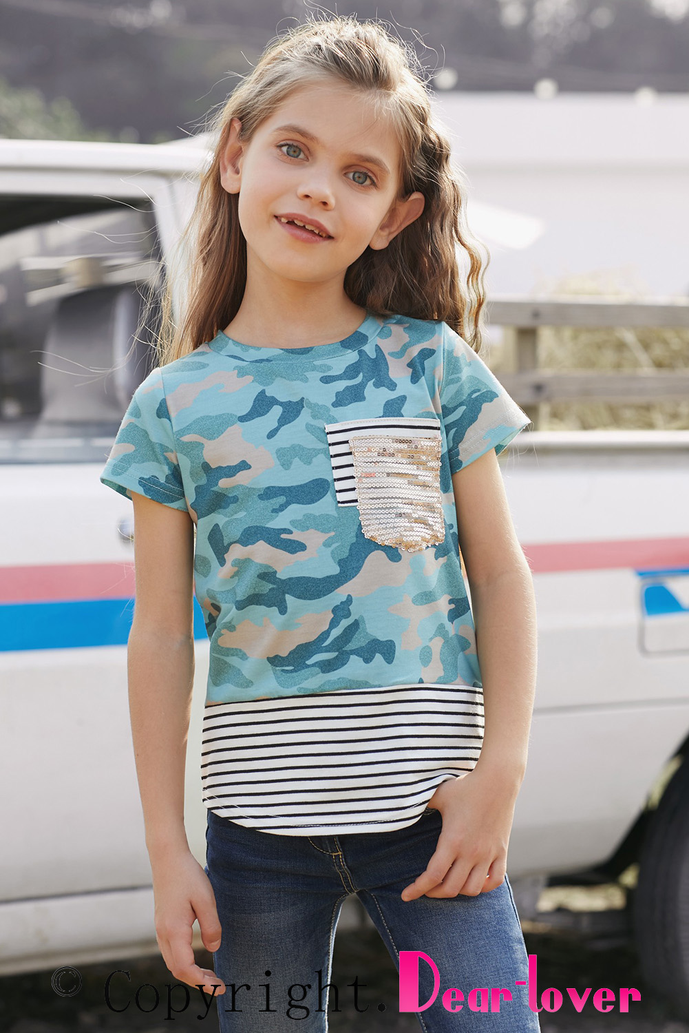 Green Camo Print Splicing Stripes Girls' T-Shirt