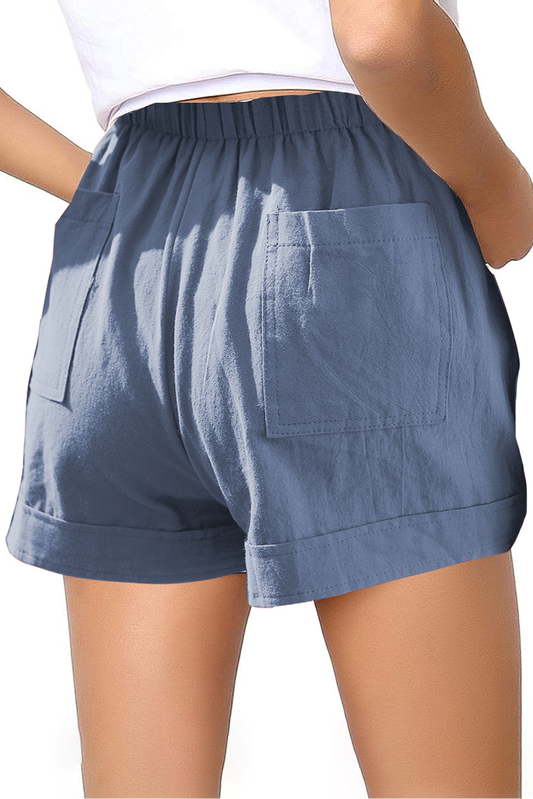 Blue Elastic Waist Drawstring Girl's Shorts With Pockets