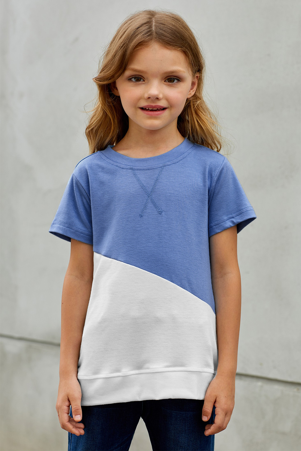 Sky Blue Colorblock Splicing Little Girl Tee