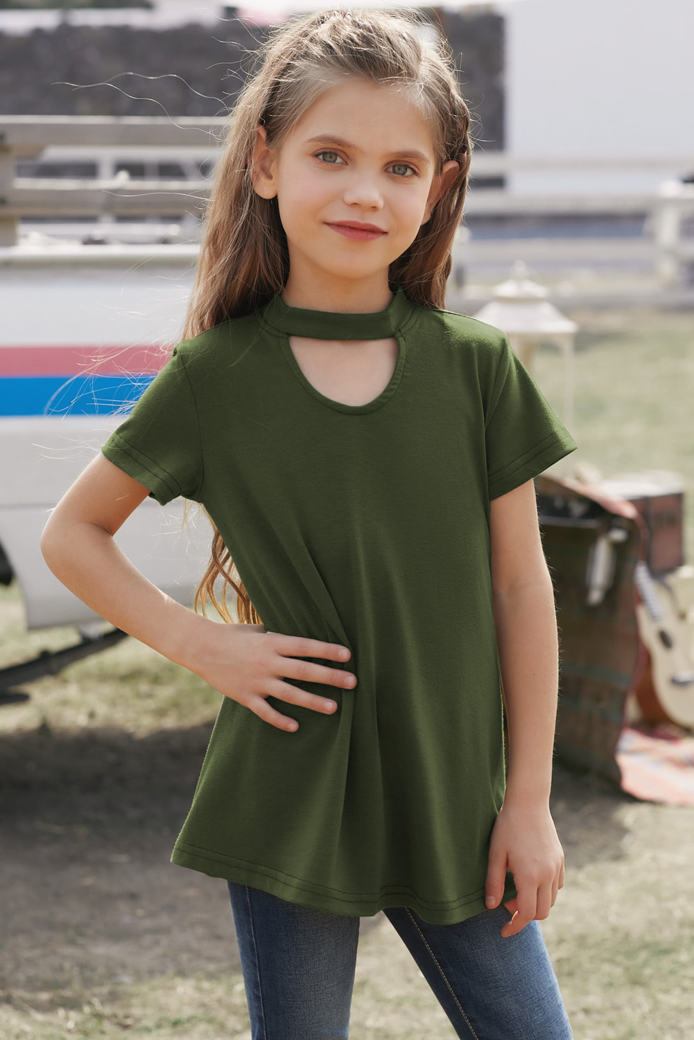 Green Keyhole Girl’s Short Sleeves Top