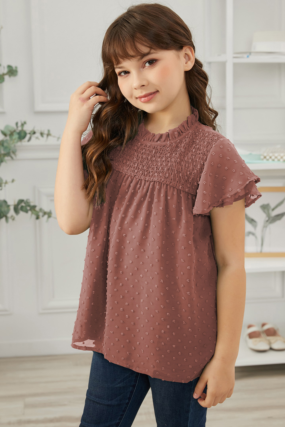 Little Girl Swiss Dot Ruffle Sleeves Top