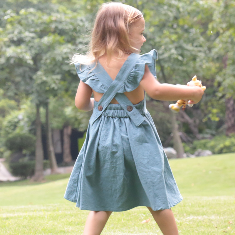 Little Girs' Cotton And Linen Flare Sleeve Princess Dress