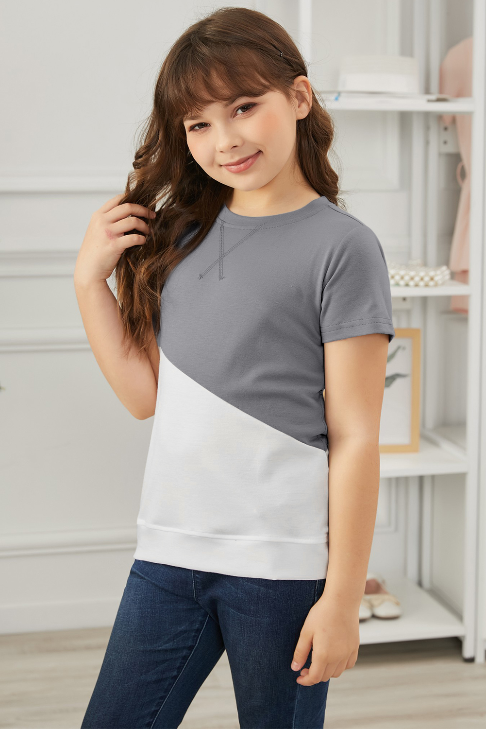 Gray Colorblock Splicing Little Girl Tee