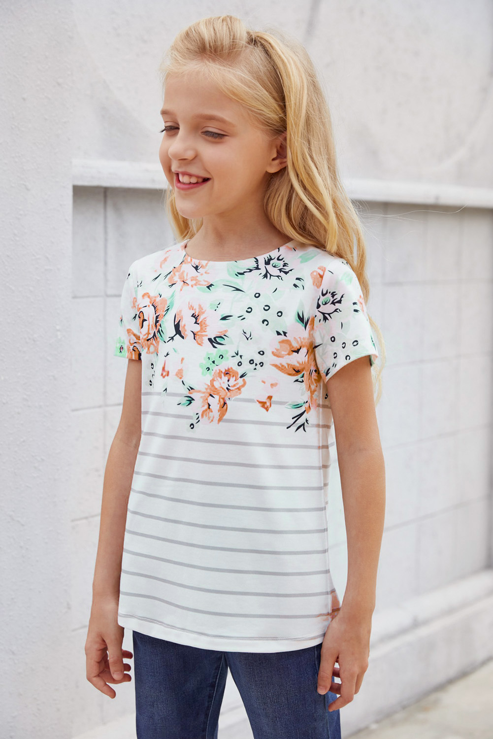 White Round Neck Floral Striped Print Kid's Tee