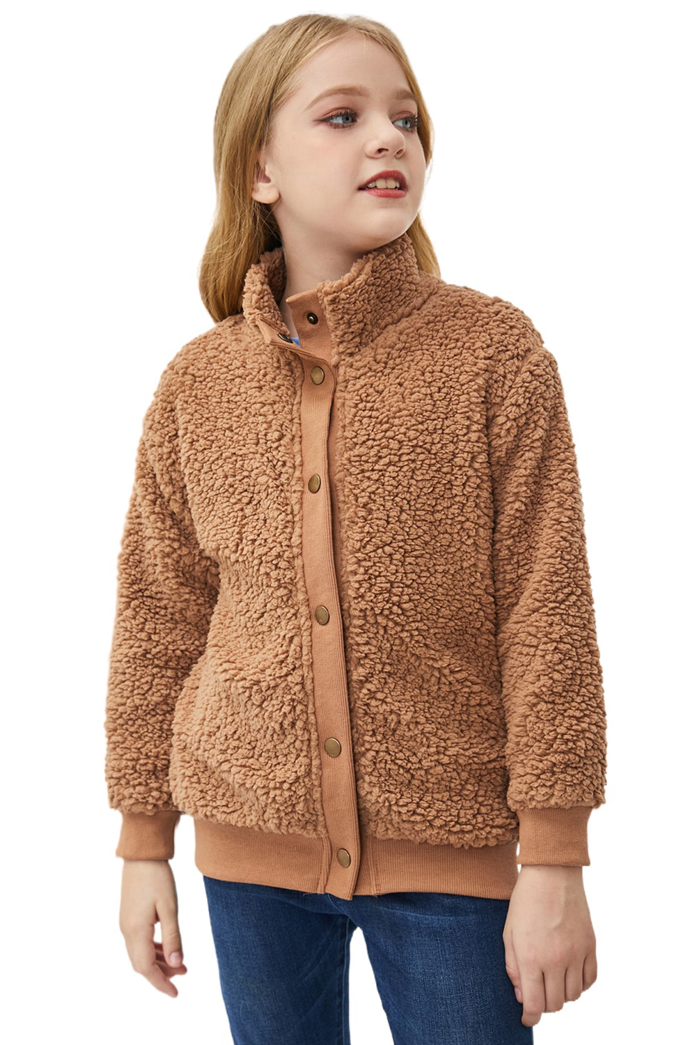 Brown Buttoned Solid Fleece Girl's Coat