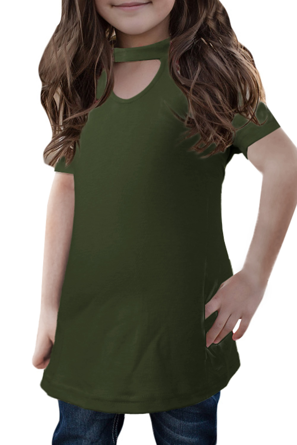 Green Keyhole Girl’s Short Sleeves Top