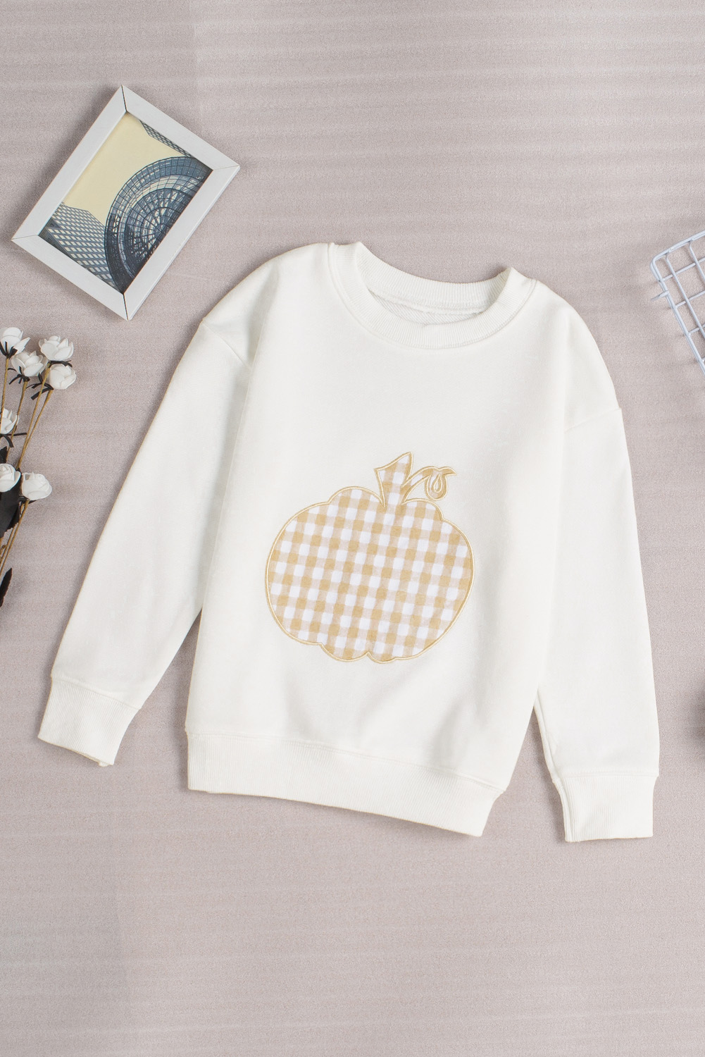 White Plaid Pumpkin Print Girls Pullover Sweatshirt