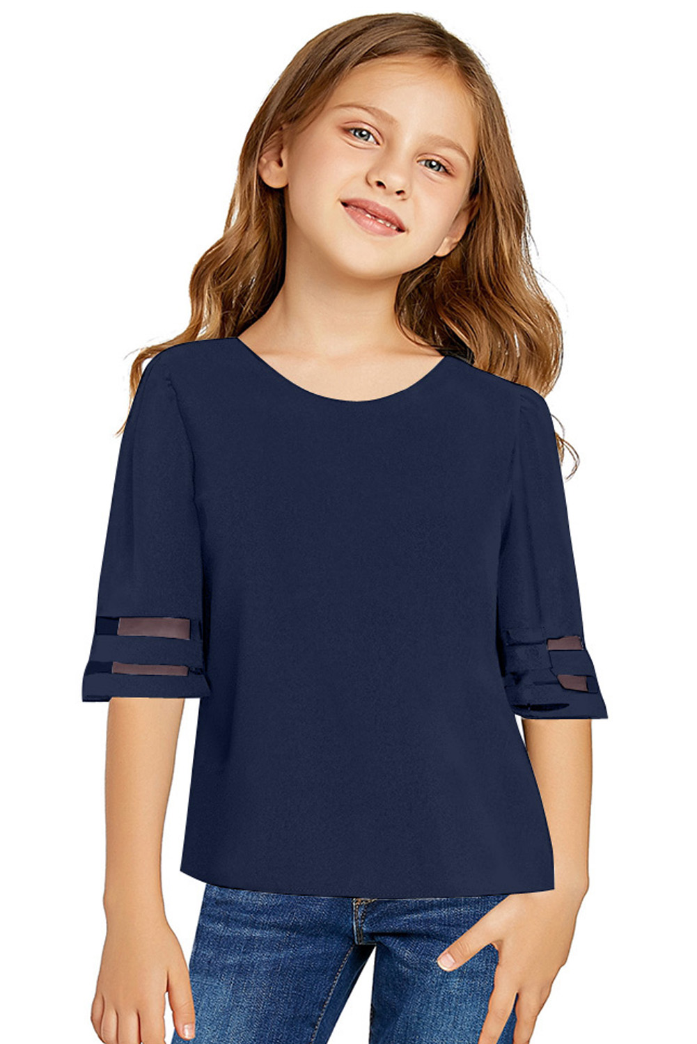 Dark Blue Girl's 3/4 Bell Sleeve Mesh Panel Blouse