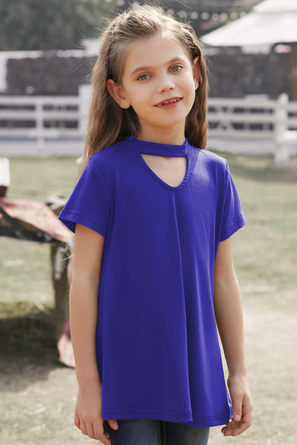 Blue Keyhole Girl’s Short Sleeves Top