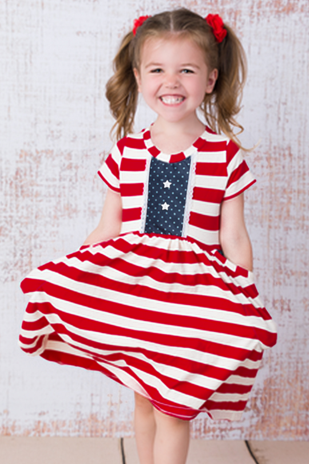 Red American Stars Stripes Knit Pocket Girl Dress