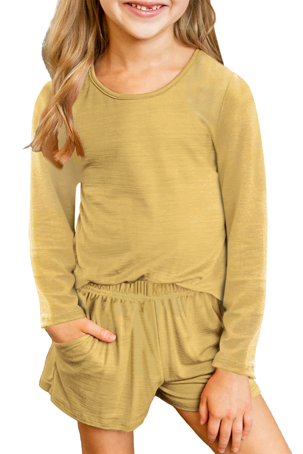 Yellow Little Girls Casual Long Sleeve Pullover And Shorts Set